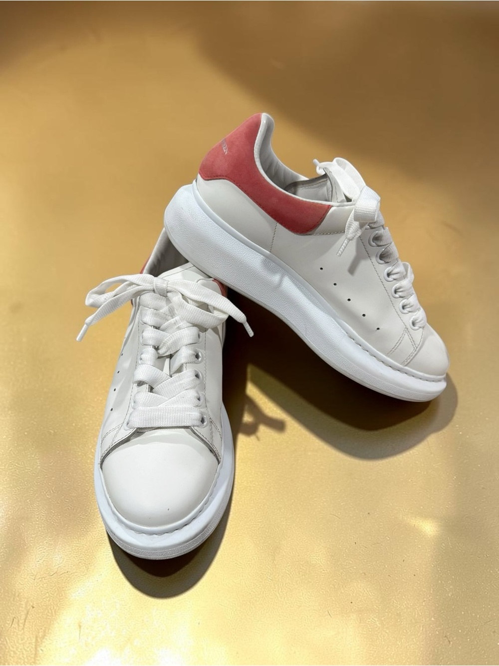 Like New Alexander McQueen White Leather Sneakers with light red Heel